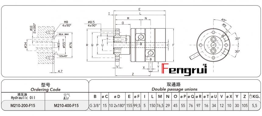 FRDTM210型兩通路旋轉接頭圖紙及規格尺寸(帶直中心孔)