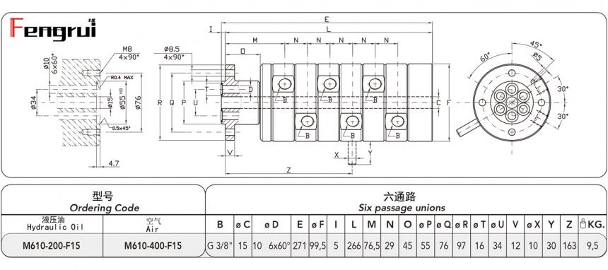FRDTM610型六通路旋轉接頭圖紙及規格型號尺寸(帶直中心孔)